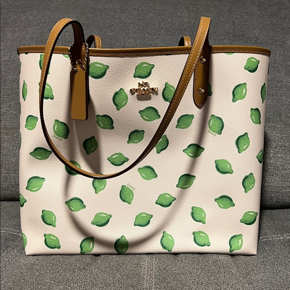 Coach Cream and Green Lime Reversible City Tote